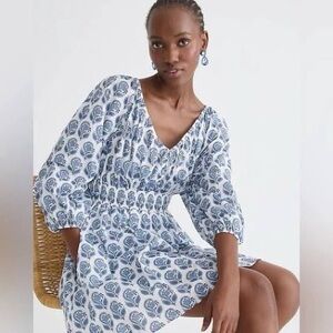 J Crew V-neck Mini Dress Bouquet Block Print 100% Cotton Lined White Blue S